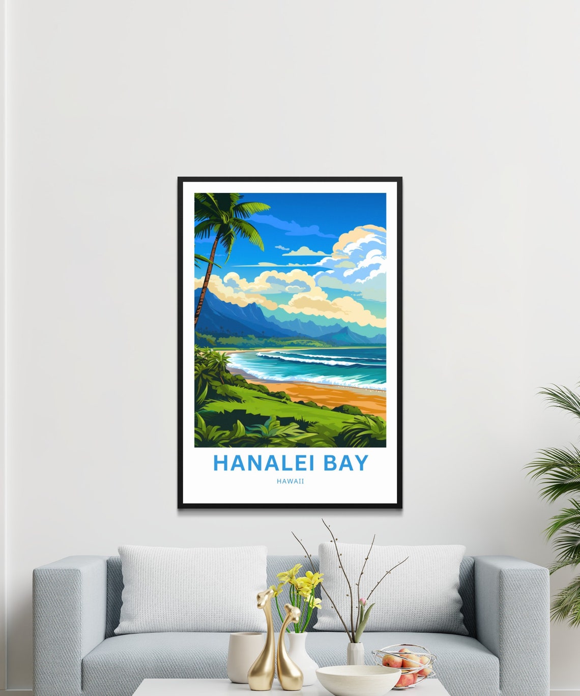 Hanalei Bay Hawaii Crescent Beach Palm Mountains Travel Poster - Image 2