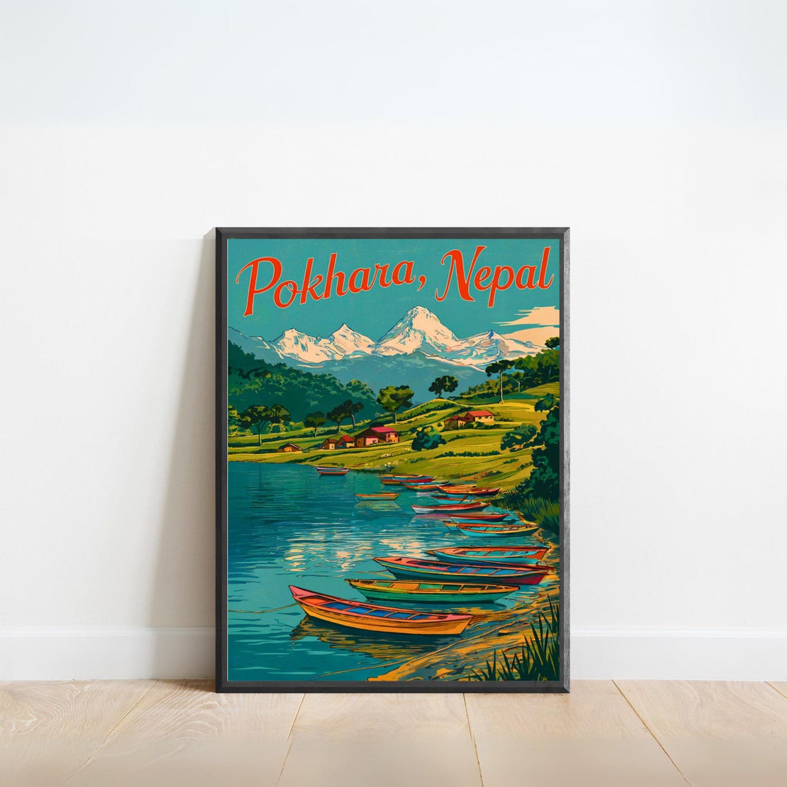 Pokhara Nepal Vintage Travel Poster Lakeside Boats Himalayan Peaks