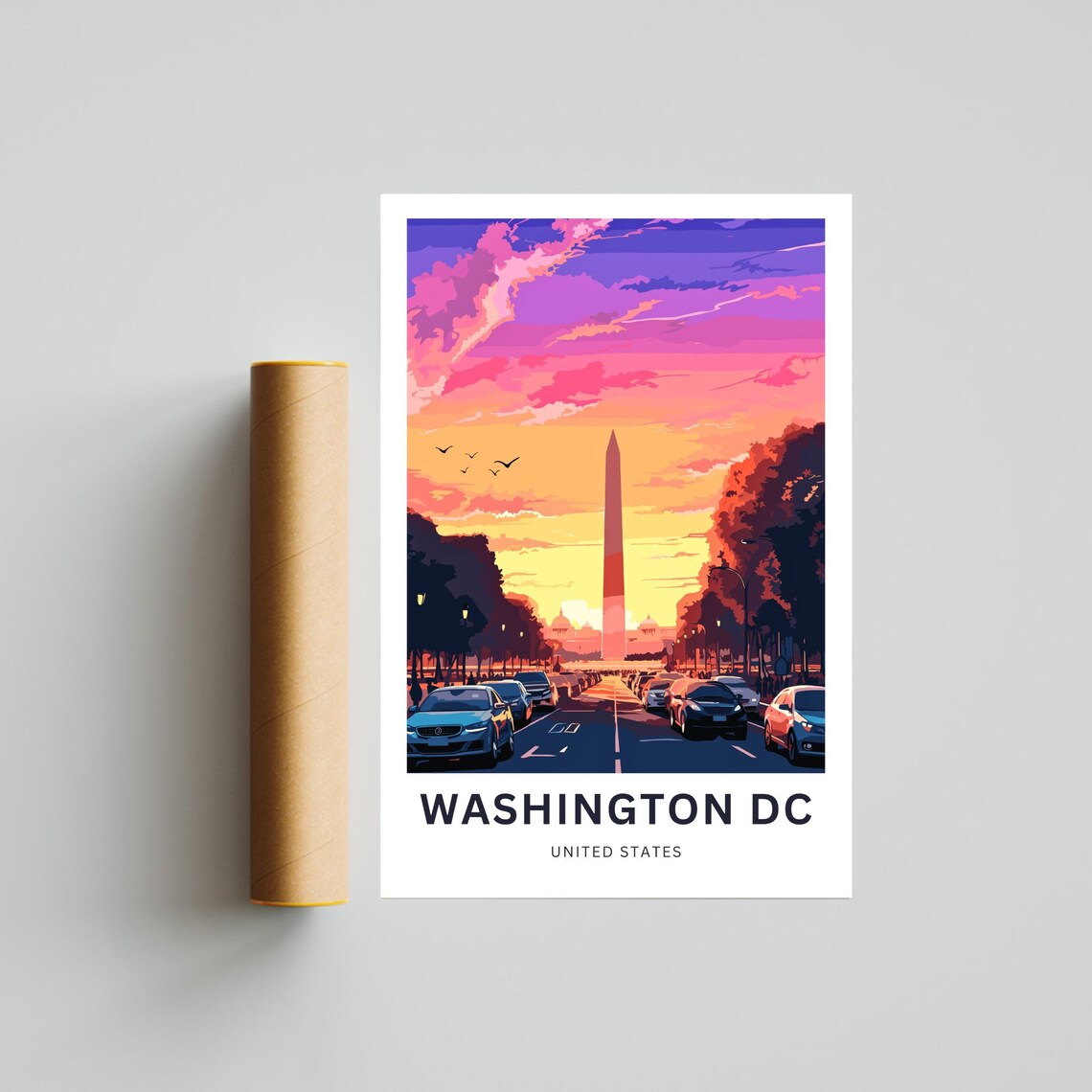 Washington DC Monument Sunset Street Scene Cars Retro Travel Poster - Image 4