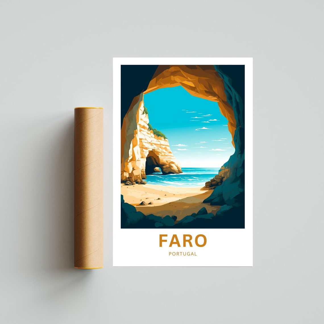 Faro Portugal Coastal Sea Cave Beach Cliffs Arch Travel Poster - Image 4