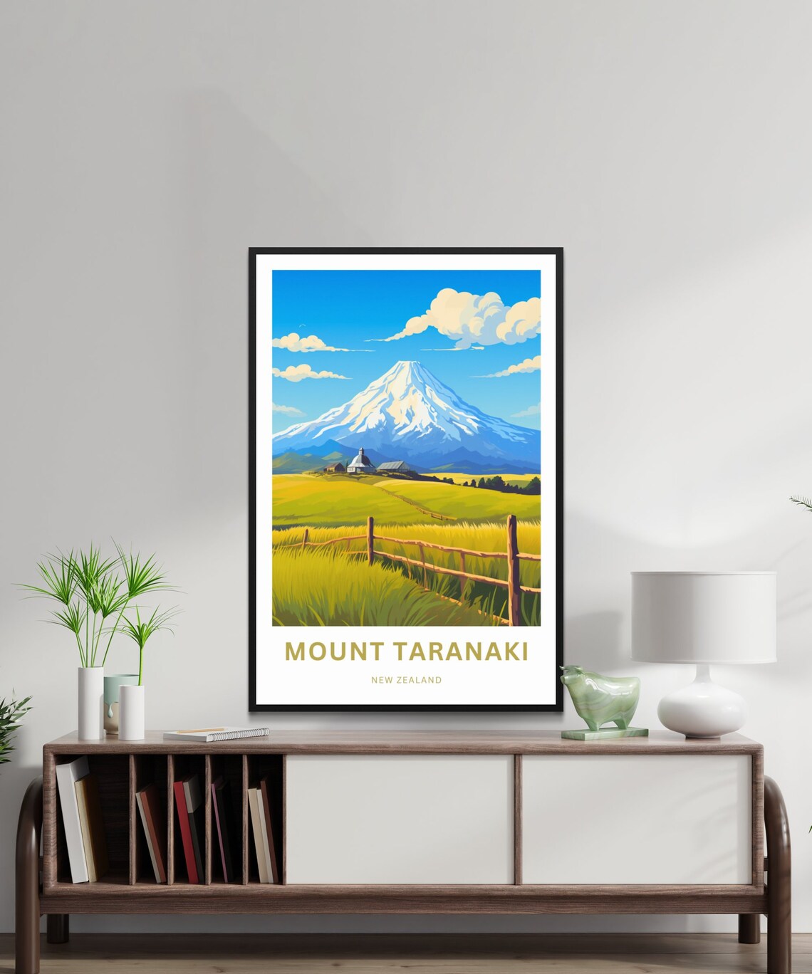 Mount Taranaki New Zealand Snow Capped Volcano Farmhouse Poster - Image 2