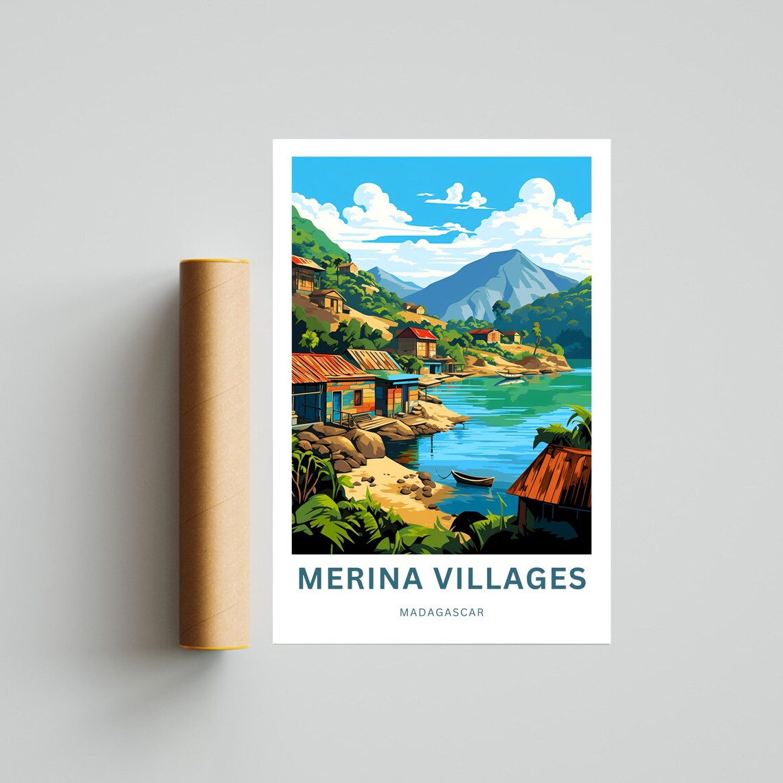 Merina Villages Madagascar Lakeside Village Fishing Boat Travel Poster - Image 4