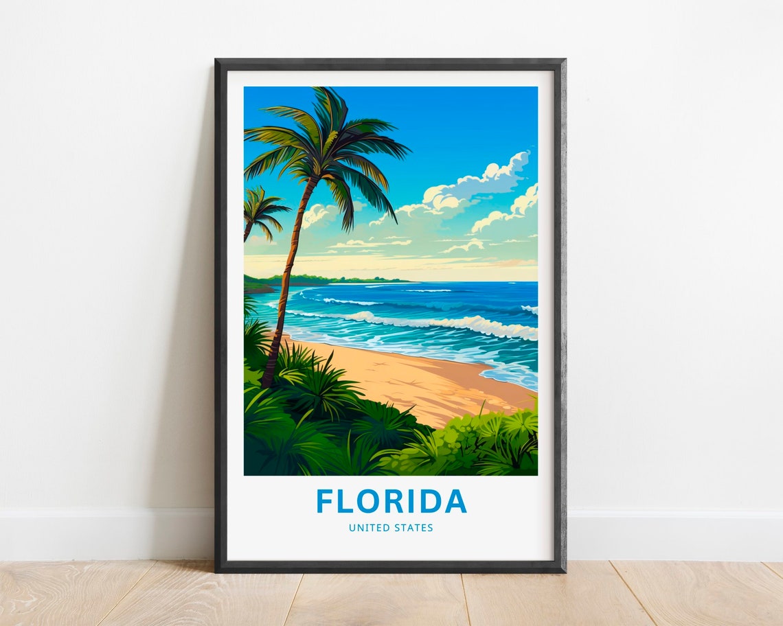 Florida Beach Travel Poster Palm Trees Turquoise Waves Retro Art