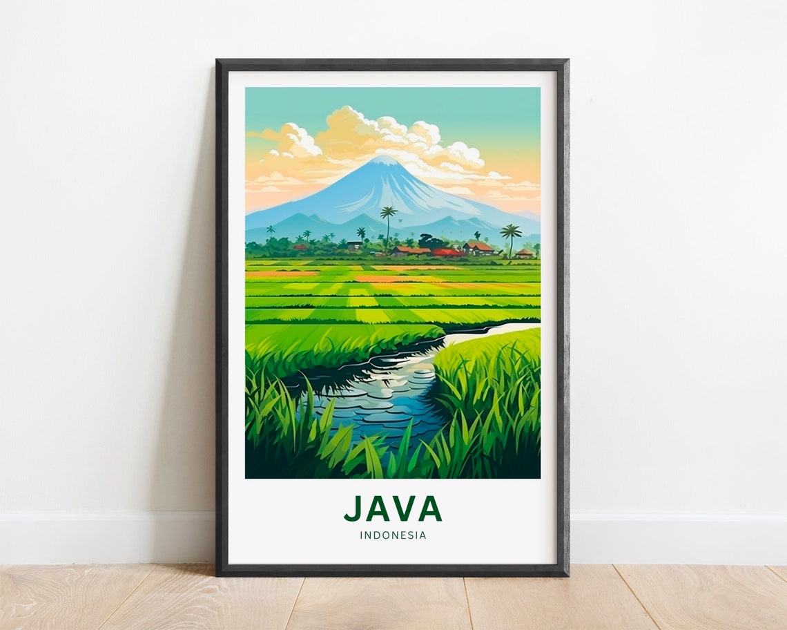 Java Indonesia Volcano Emerald Rice Paddy Stream Scene Poster