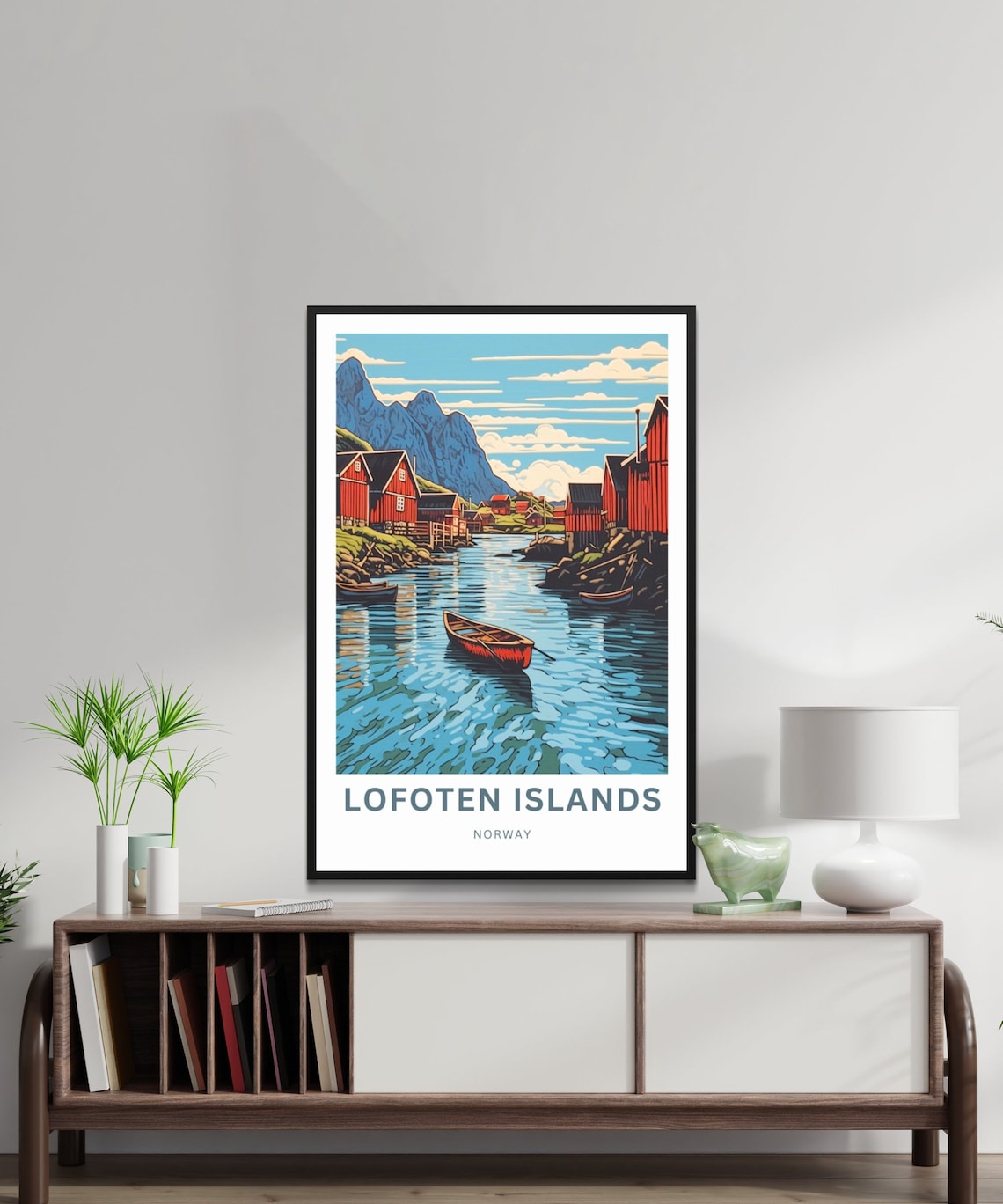Lofoten Islands Norway Red Cabins Fjord Boat Vintage Travel Poster - Image 2