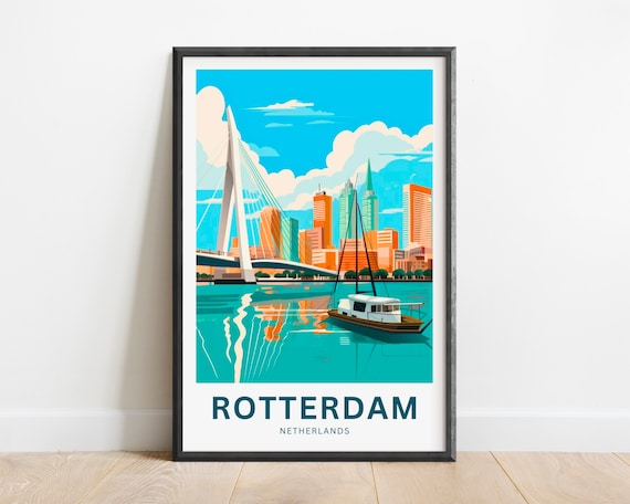 Rotterdam Netherlands Erasmus Bridge Skyline City Travel Poster