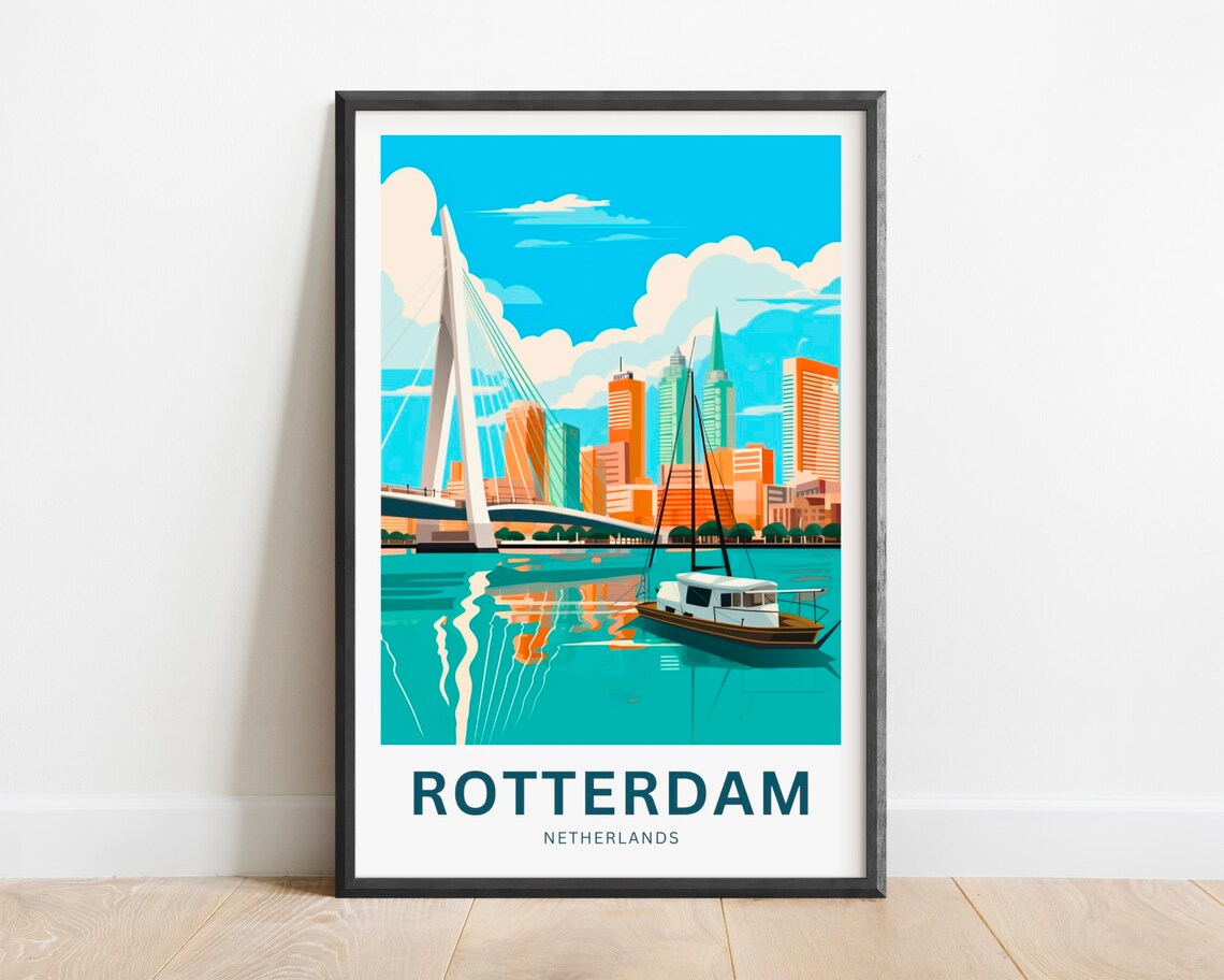 Rotterdam Netherlands Erasmus Bridge Skyline City Travel Poster