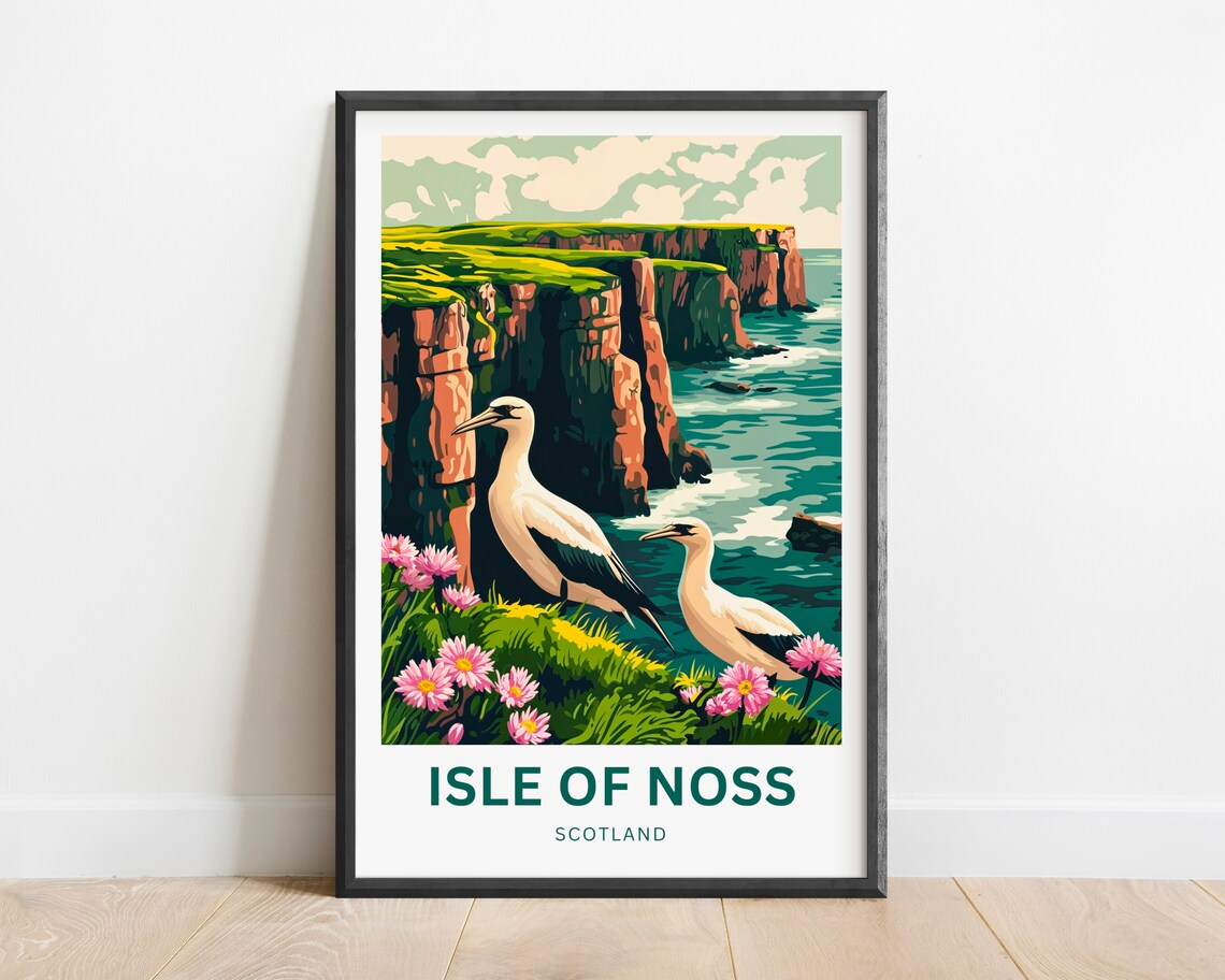 Isle of Noss Scotland Gannets by Red Cliffs with Wildflowers Poster