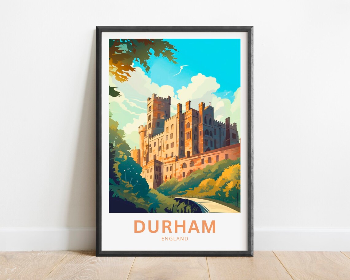 Durham England Historic Castle Above Green Woodland Retro Poster