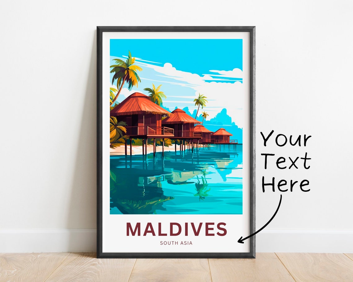 Maldives Beachfront Bungalows Palm Trees Personalized Travel Poster