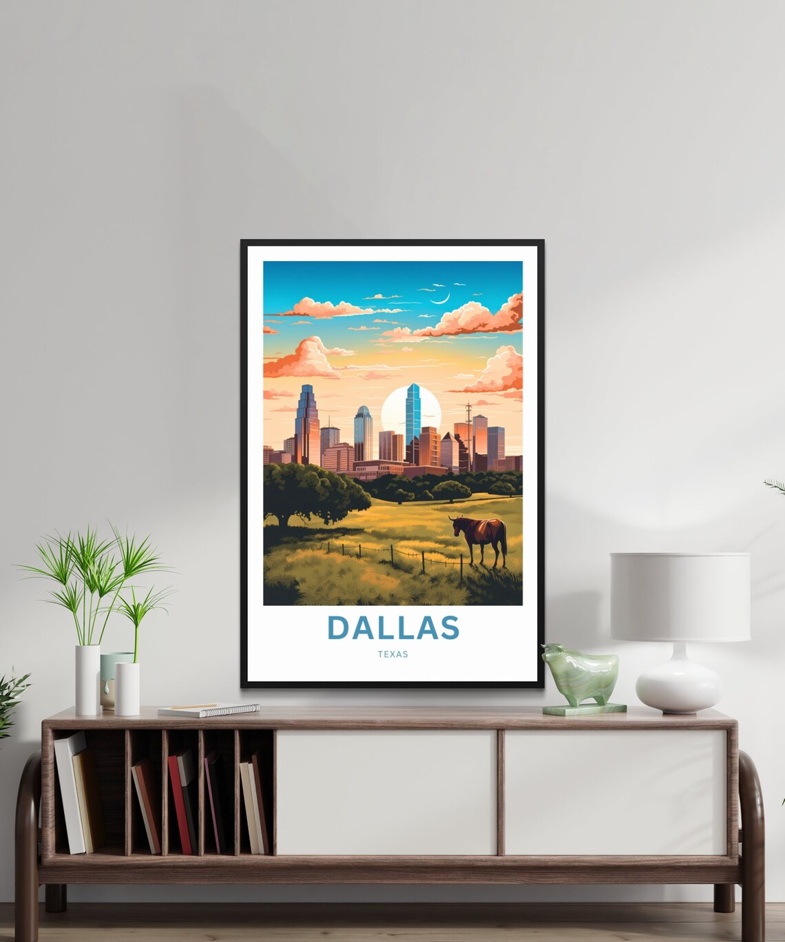 Dallas Texas Golden Skyline Horse Pasture Sunset Travel Poster - Image 2