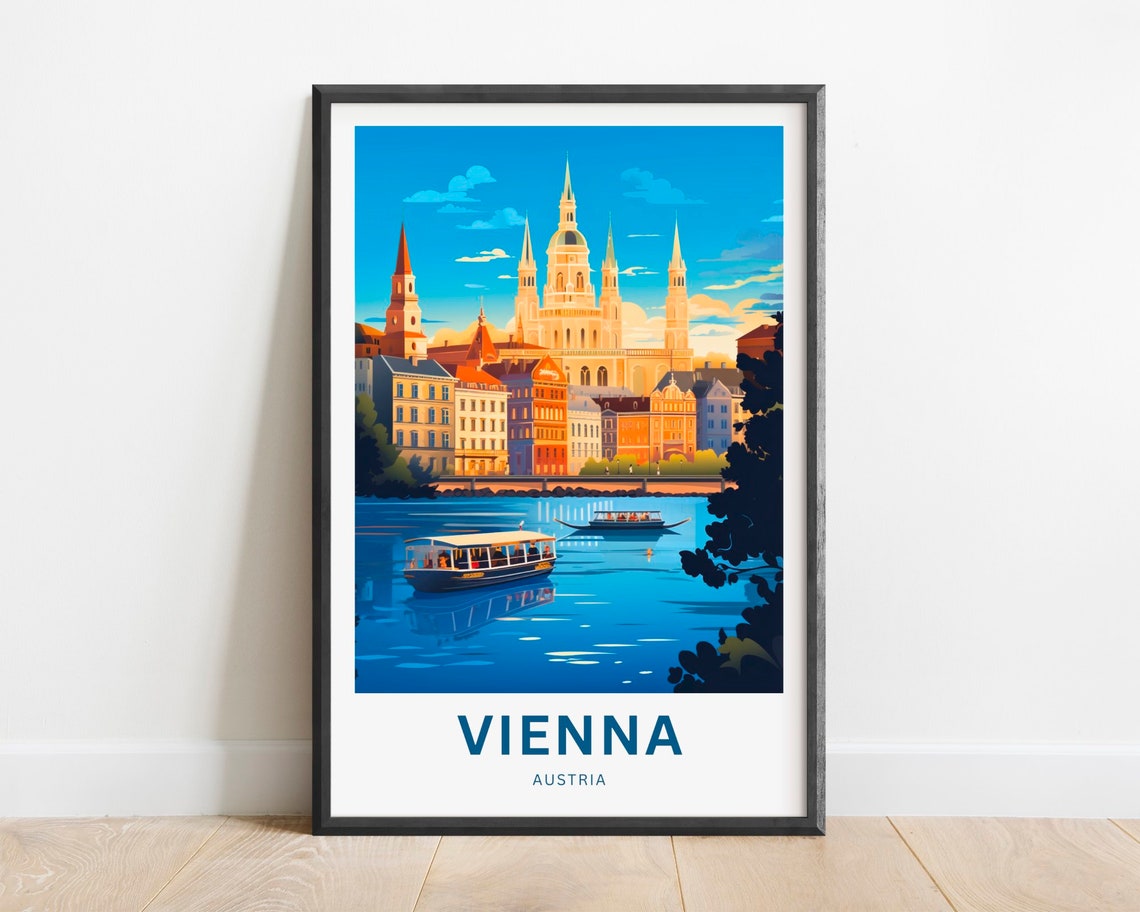 Vienna Austria Riverside Boats Cathedral Skyline Sunset Poster