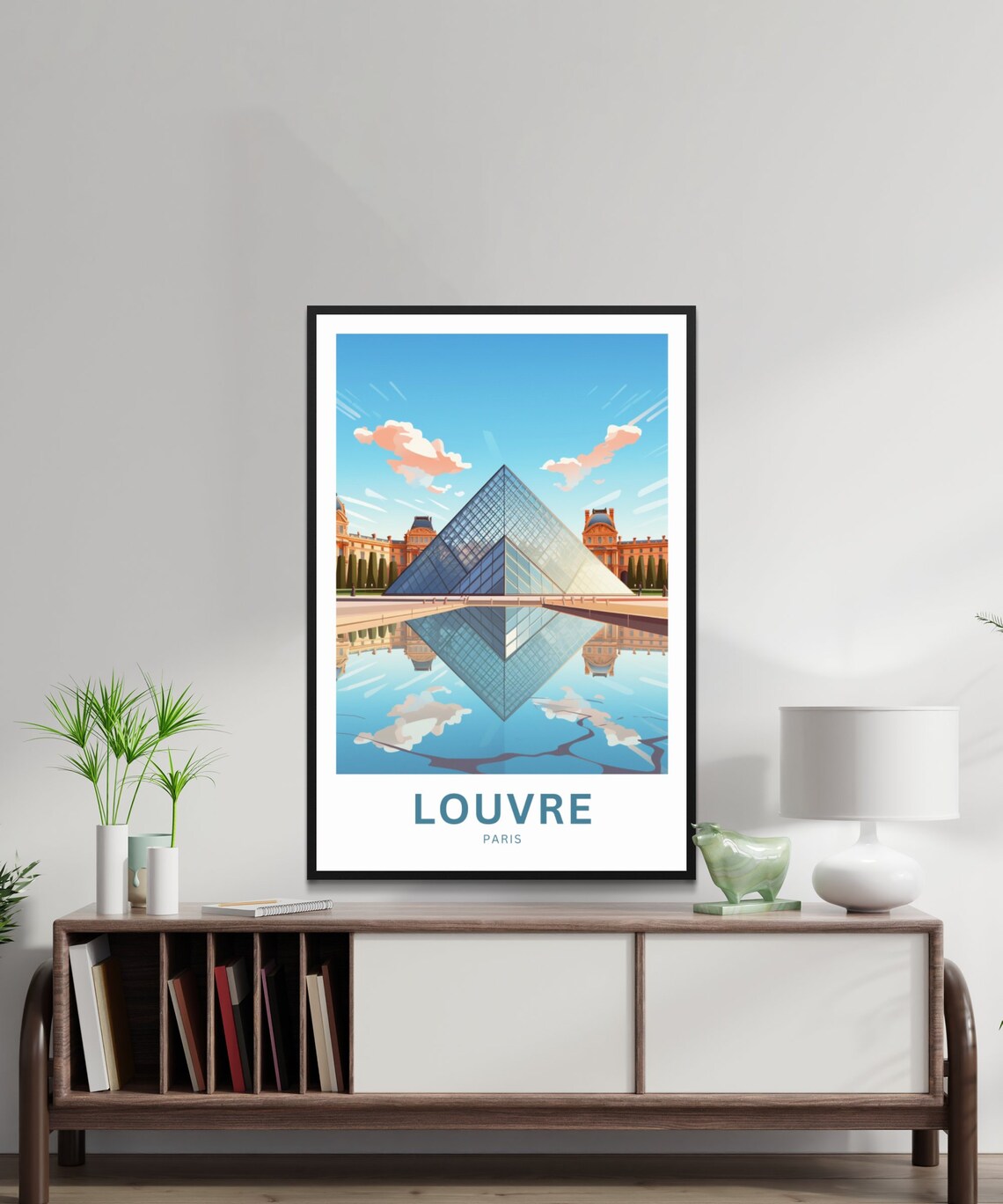 Louvre Paris Glass Pyramid Reflection Modern Vintage Travel Poster - Image 2