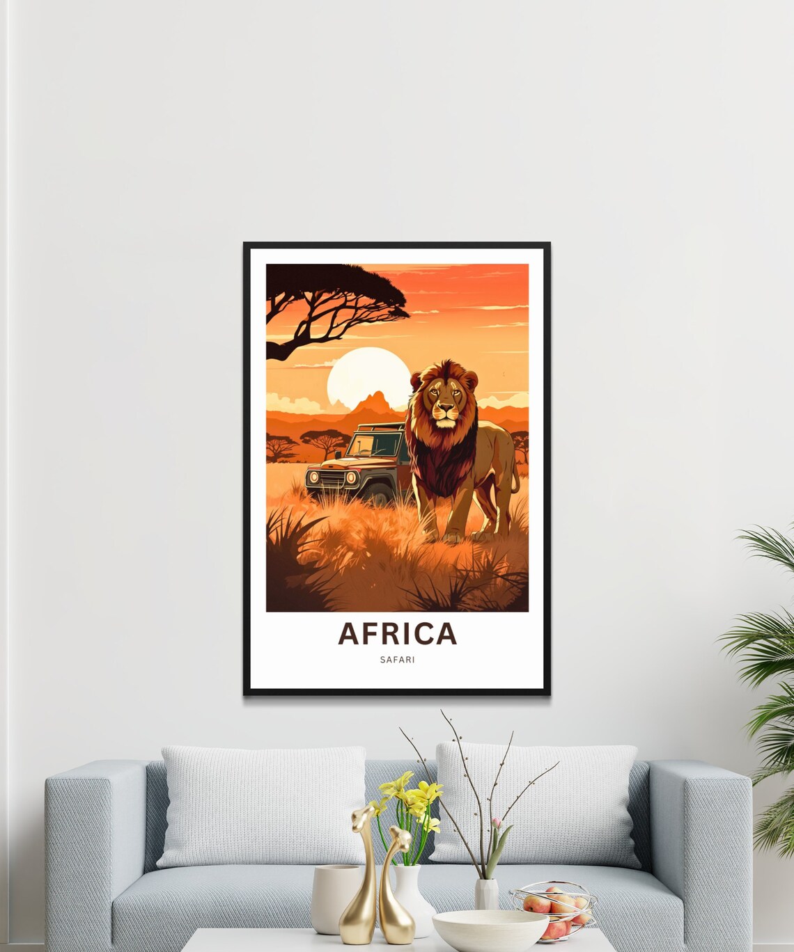 Africa Safari Lion Standing by Safari Jeep at Dusk Scene Poster - Image 3