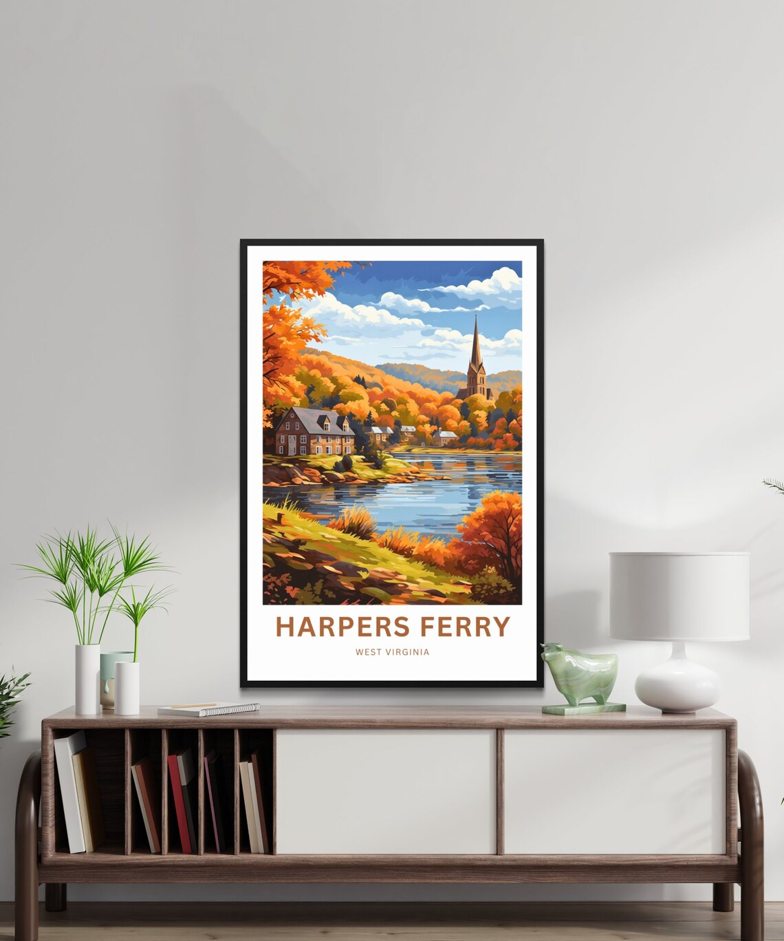 Harpers Ferry Autumn Riverbank with Church Spire Hillside Poster - Image 2