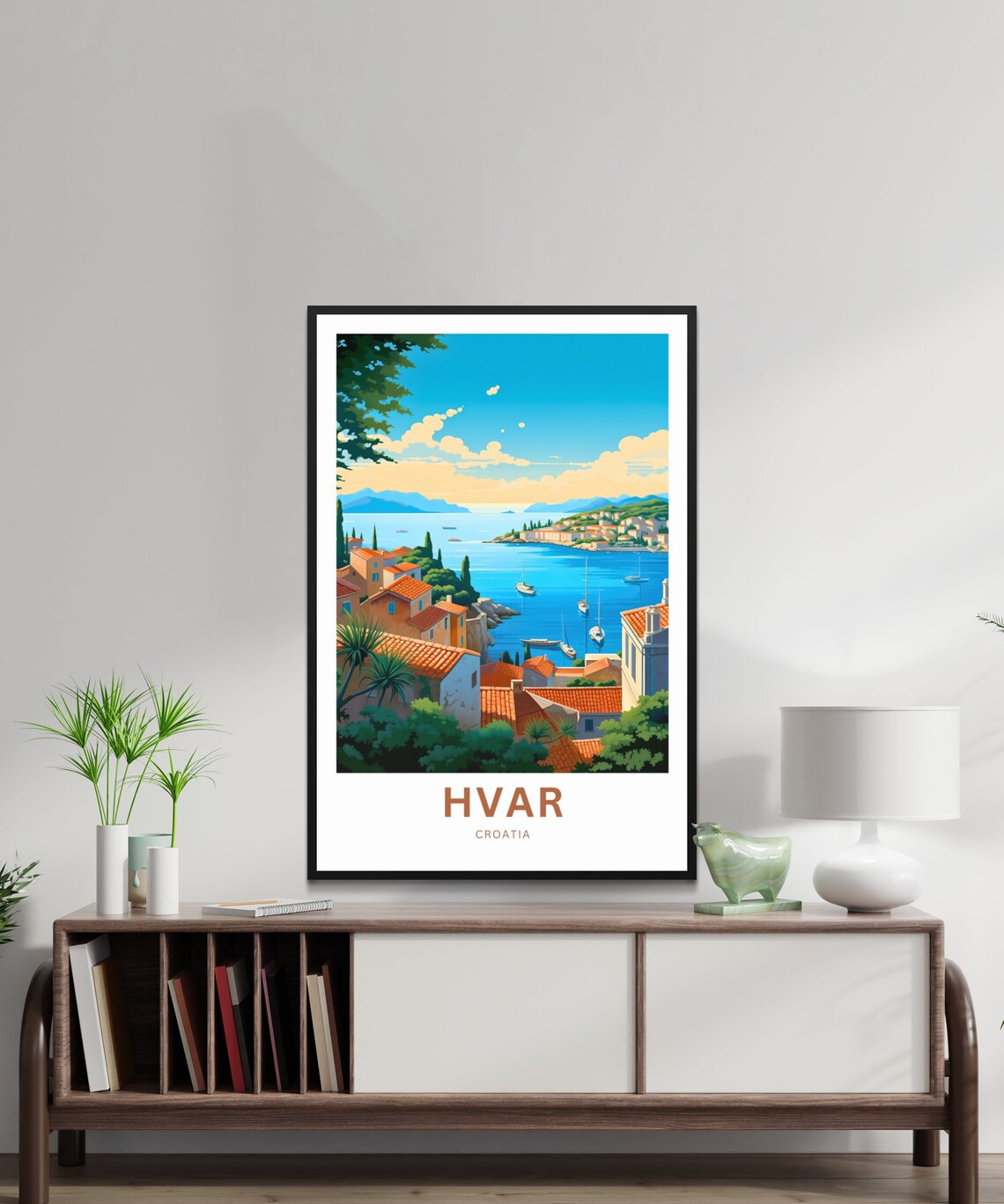 Hvar Croatia Old Town Harbor Sailboats Red Roof Travel Poster - Image 2