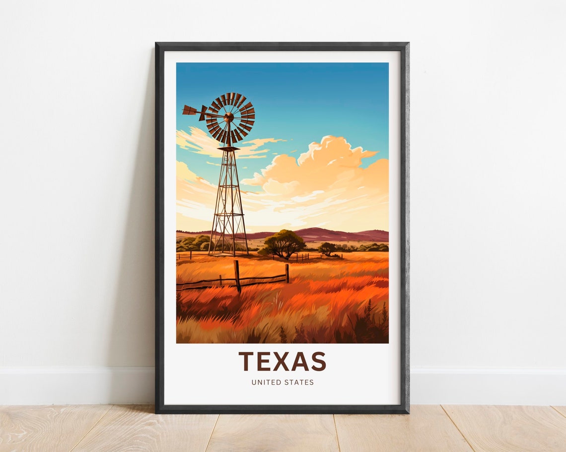 Texas Windmill Over Wheat Field Blue Sky Country Landscape Poster