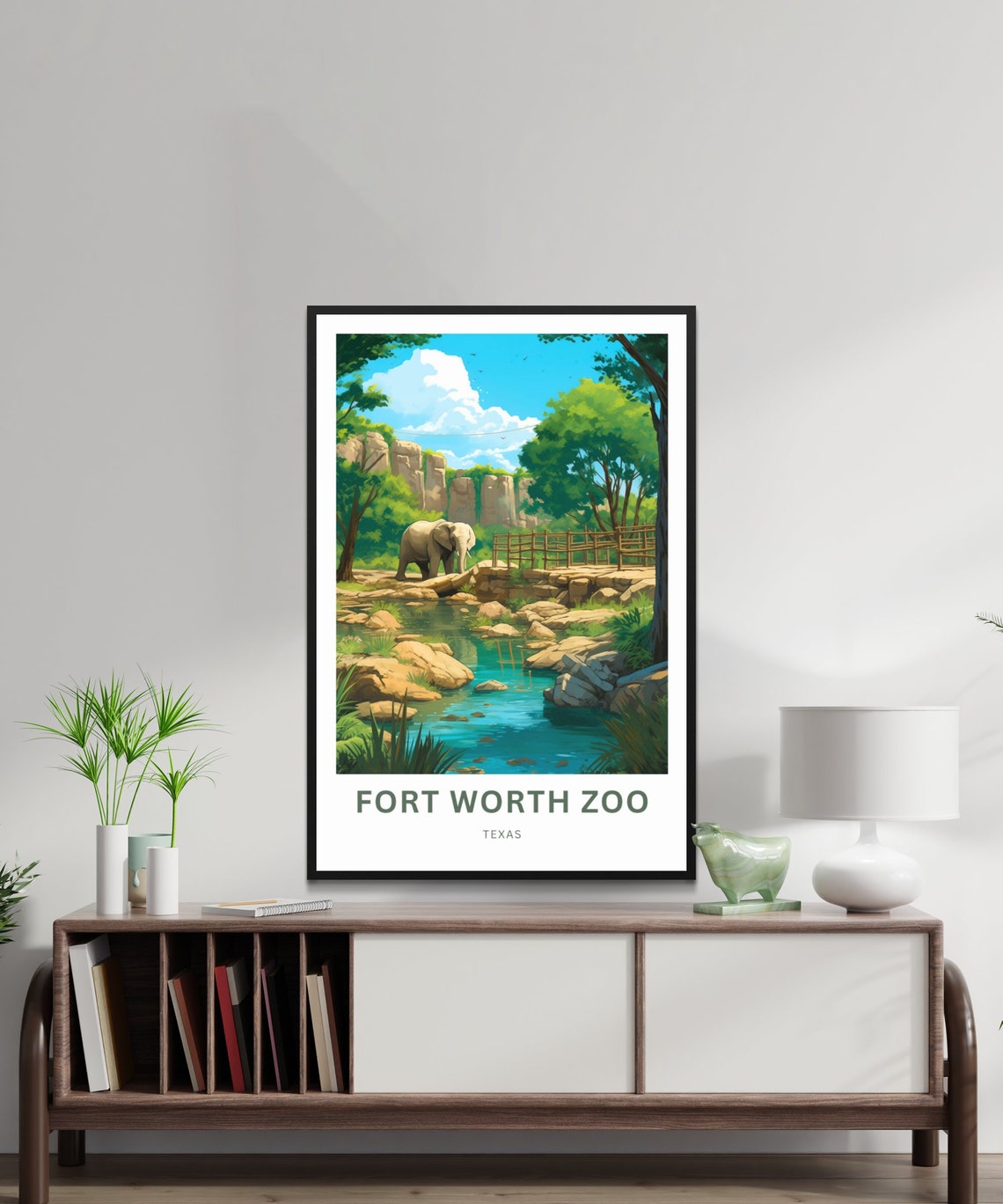Fort Worth Zoo Texas Elephant Stream Habitat Scene Travel Poster - Image 2