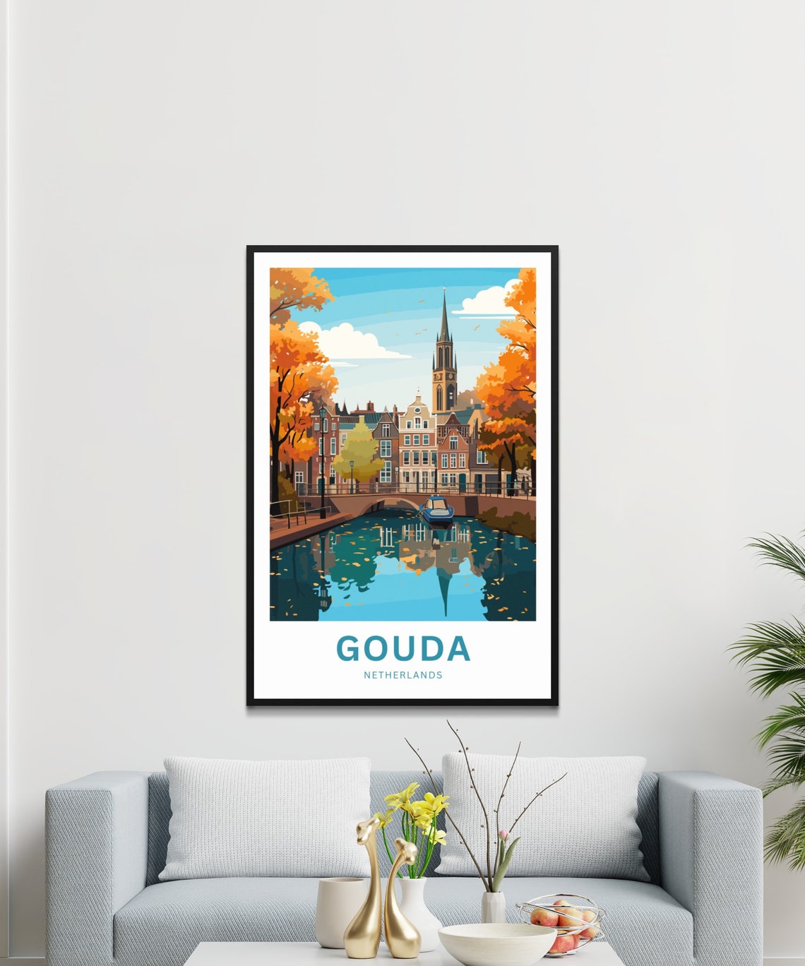Personalized Gouda Netherlands Autumn Canal Church Tower Poster - Image 3