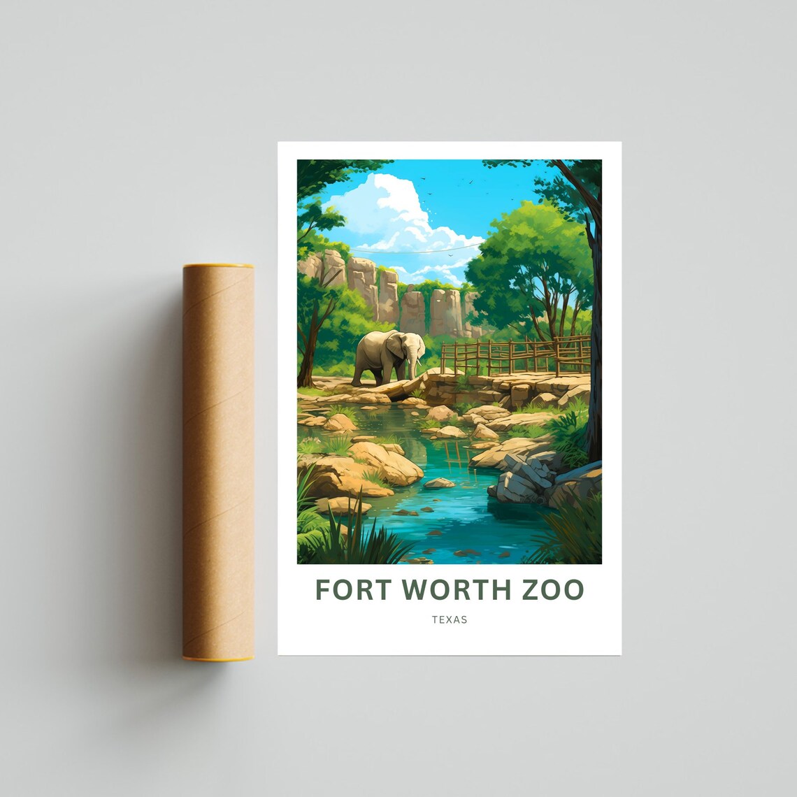 Fort Worth Zoo Texas Elephant Stream Habitat Scene Travel Poster - Image 4