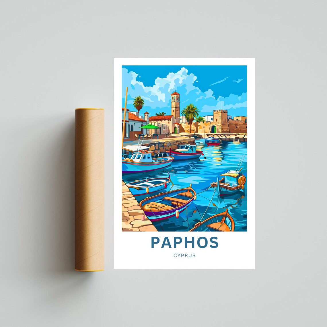 Paphos Cyprus Old Harbor Colorful Boats Castle Travel Poster - Image 4