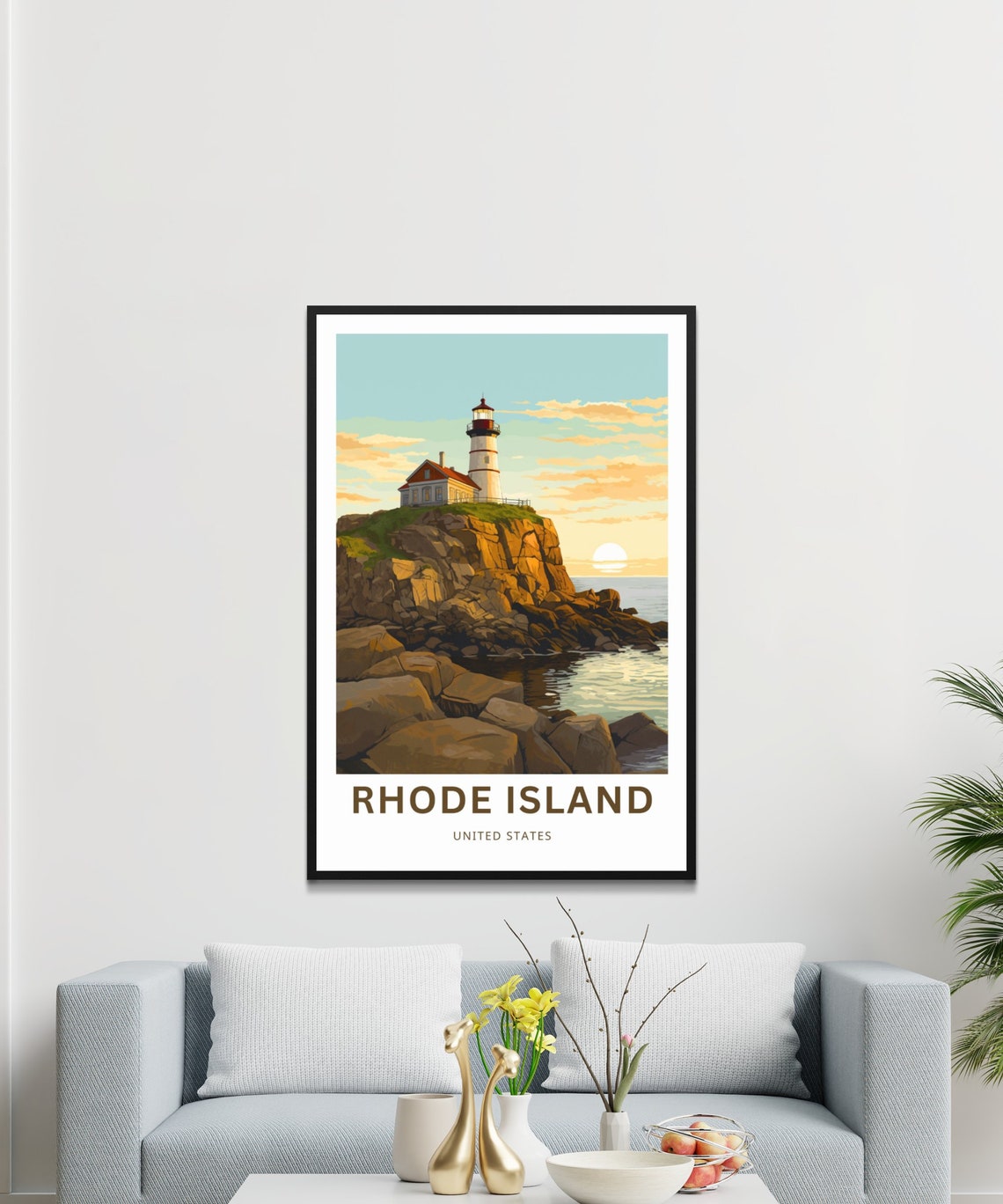 Rhode Island Lighthouse Rocky Coast Personalized Text Poster - Image 3
