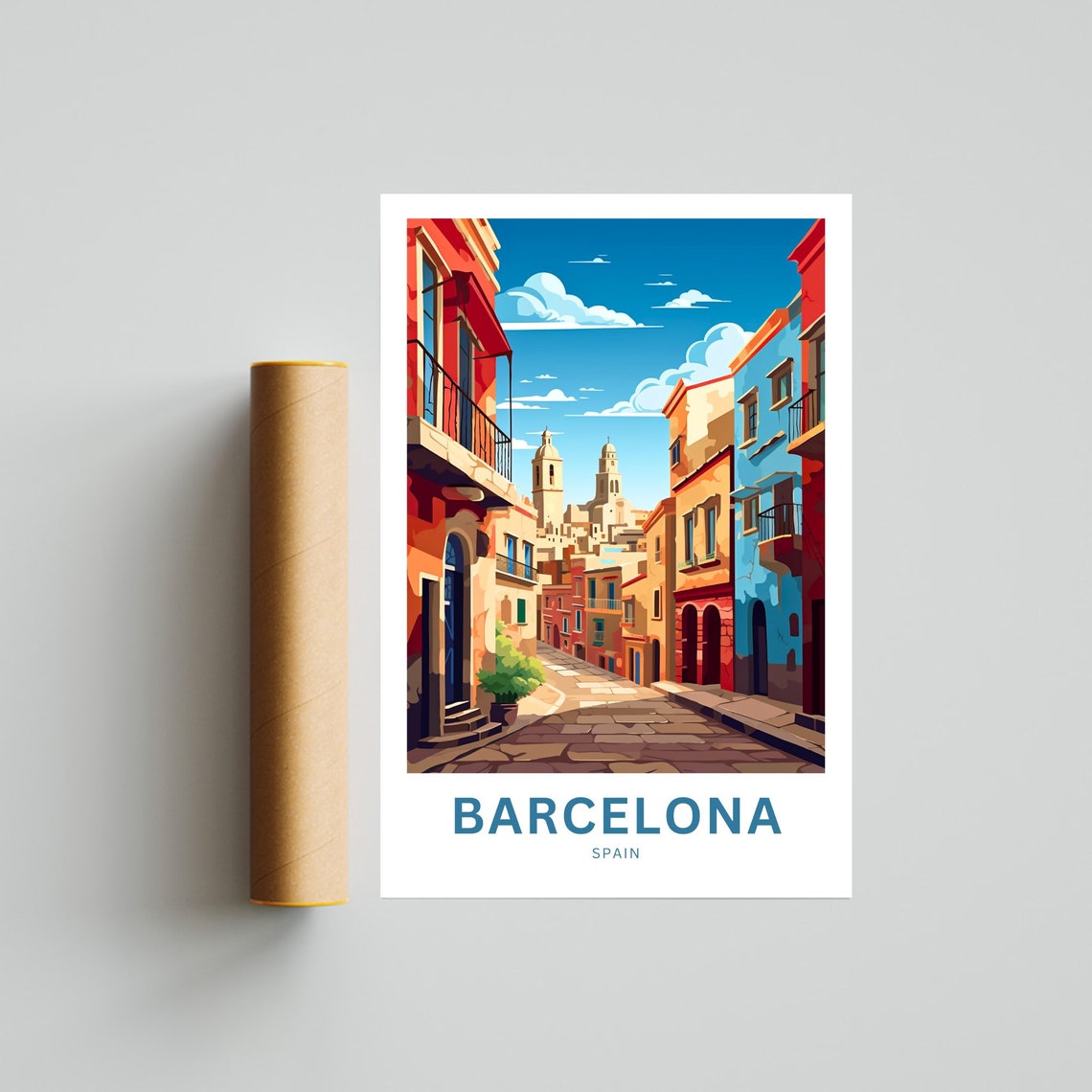 Barcelona Spain Historic Cobblestone Street Twin Towers Poster - Image 4