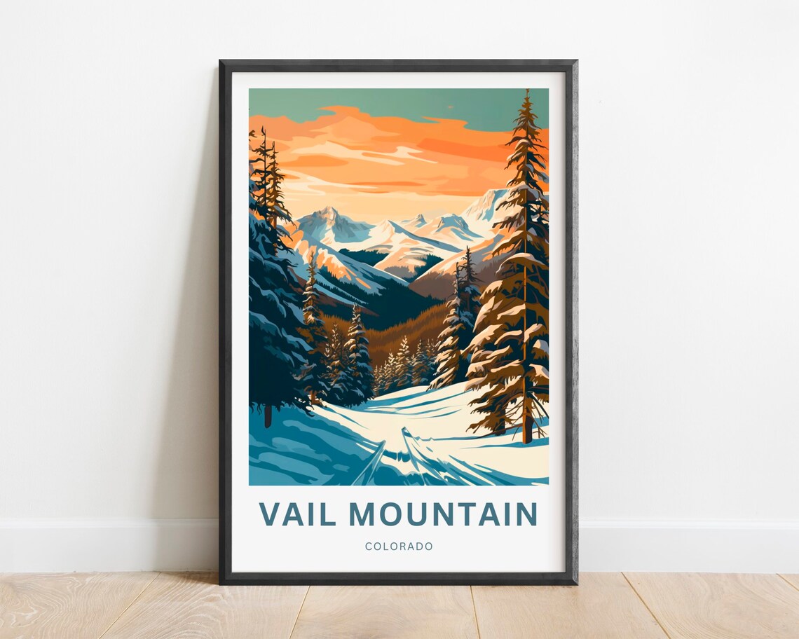 Vail Mountain Colorado Snowy Ski Slopes Sunset Travel Poster