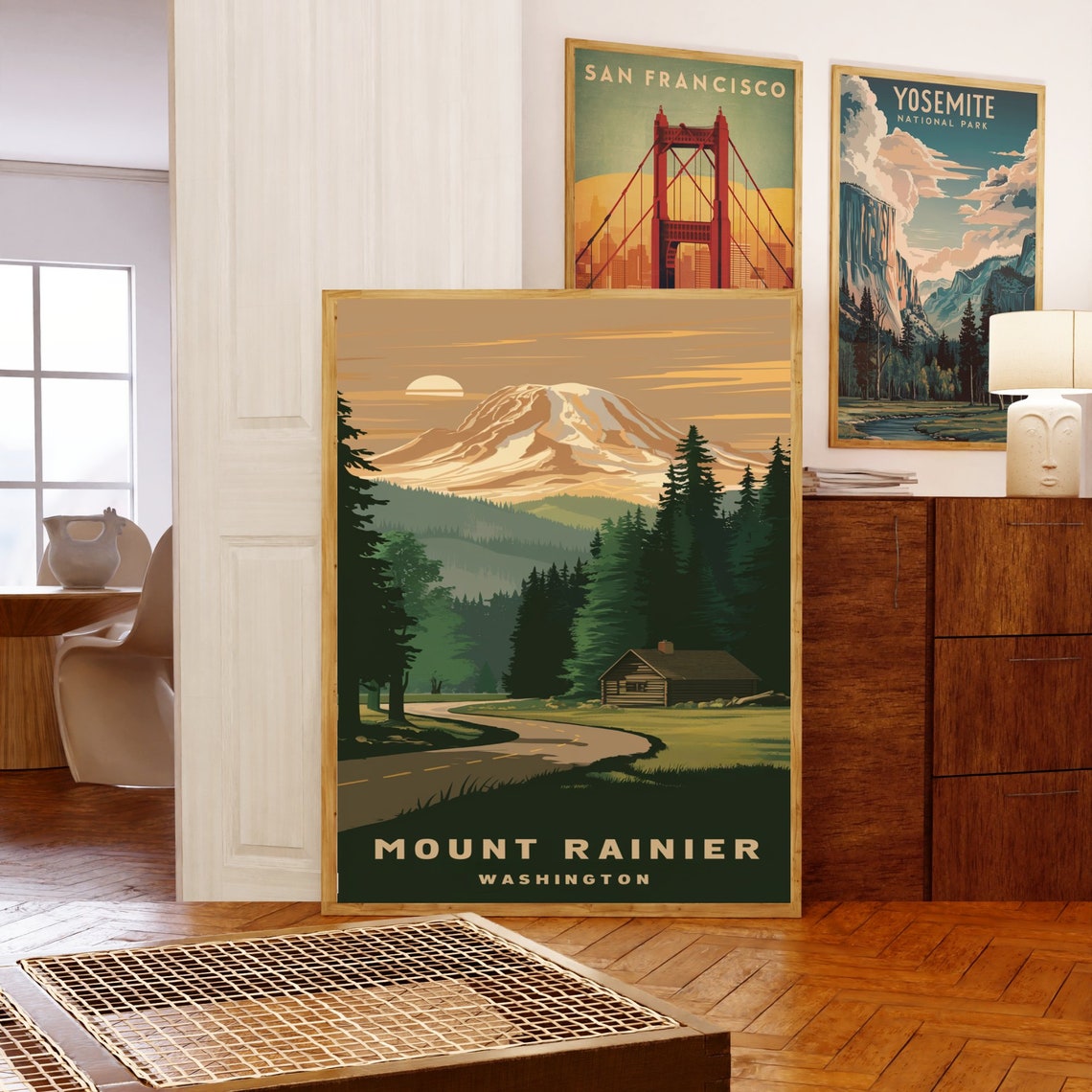 Mount Rainier Washington Retro Poster with Cabin Road and Setting Sun - Image 5