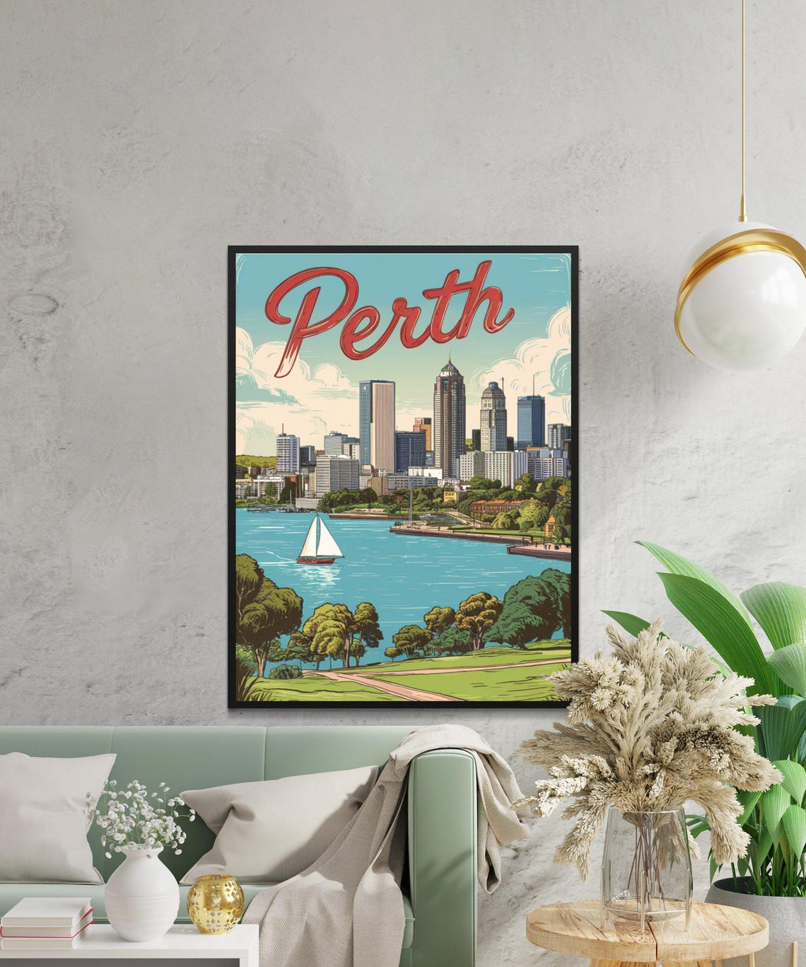 Perth Australia Vintage Skyline Sailboat Swan River Travel Poster - Image 3