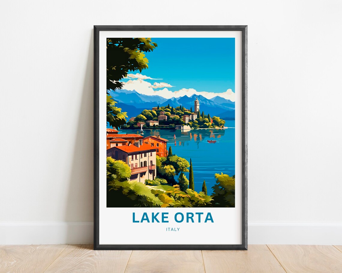 Lake Orta Italy Lakeside Village Island Church Alps Travel Poster Art