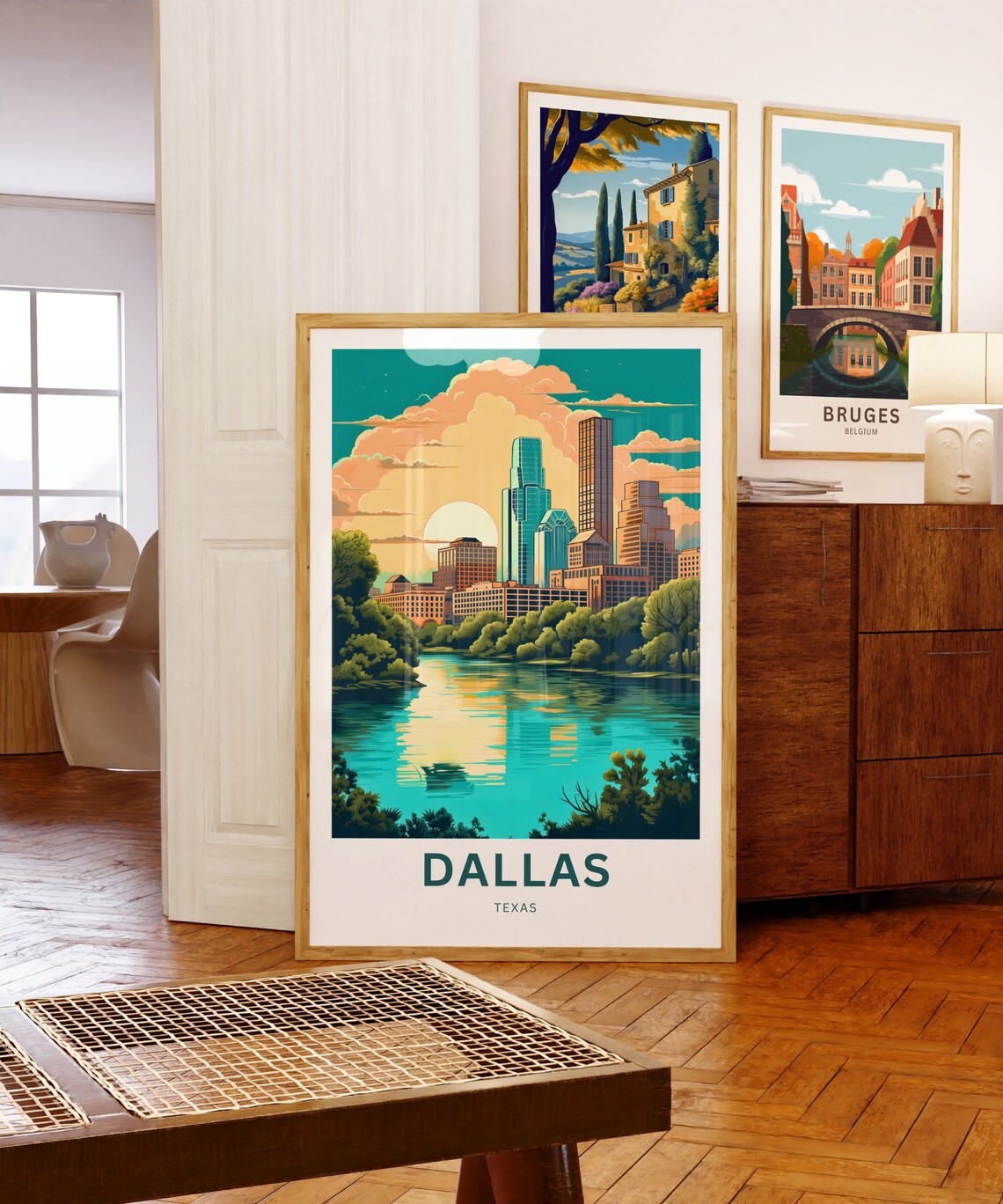Dallas Texas Skyline River Sunset Golden Reflection Travel Poster - Image 5