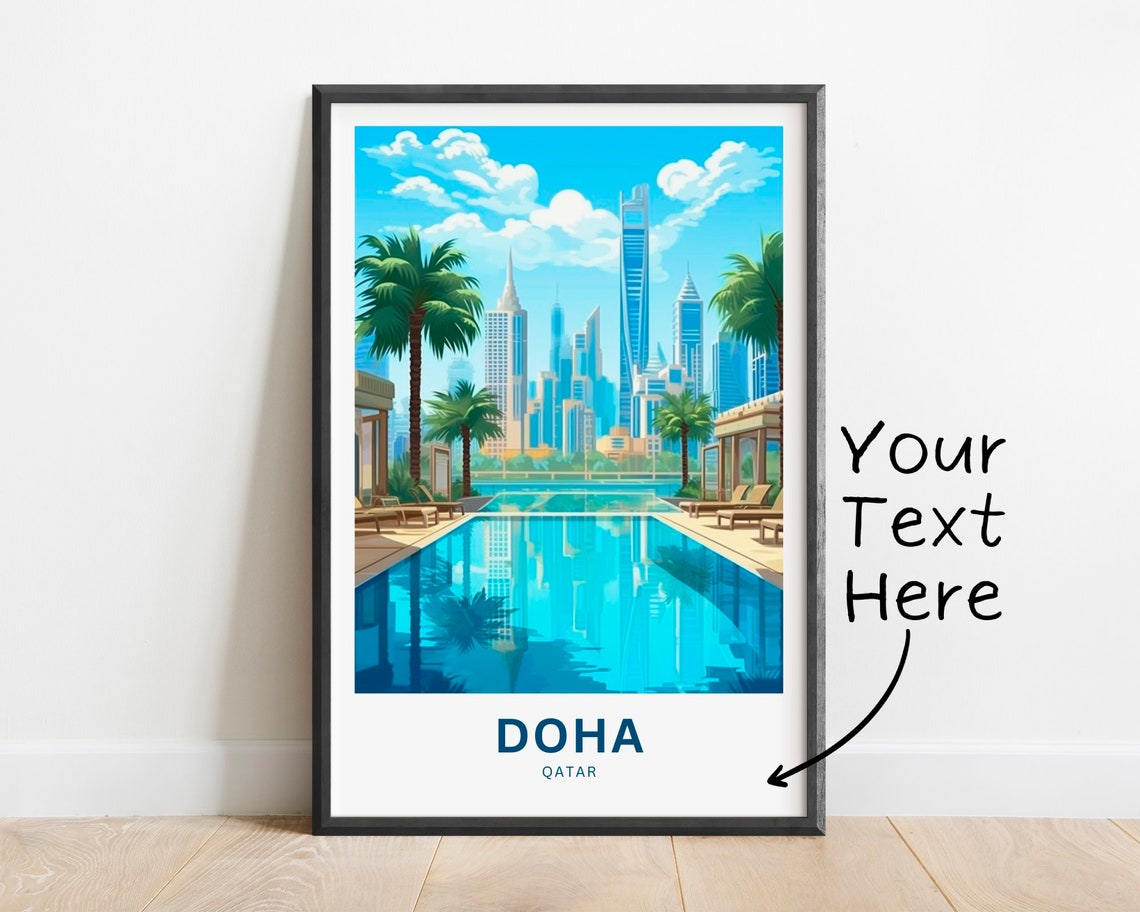 Doha Qatar Modern Skyline Resort Pool Custom Text Travel Poster