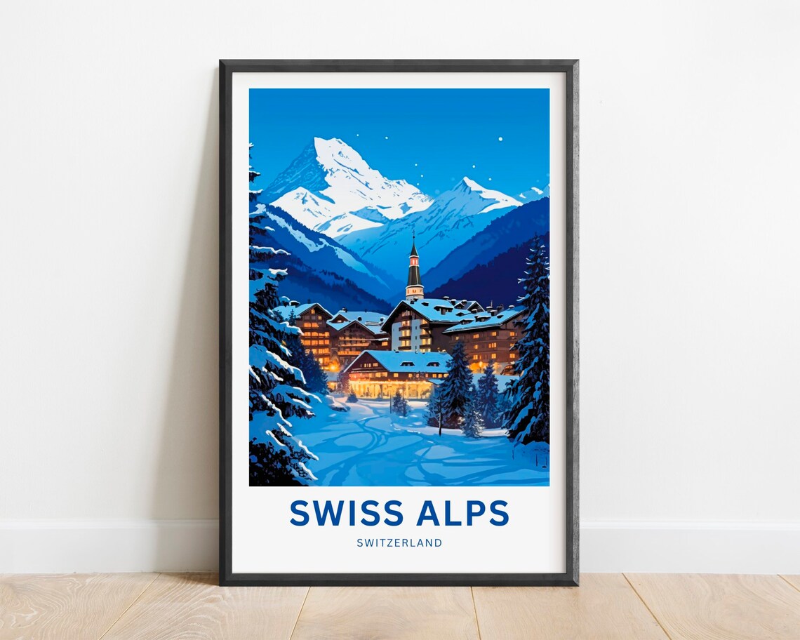 Swiss Alps Switzerland Snowy Village Night Alpine Winter Travel Poster