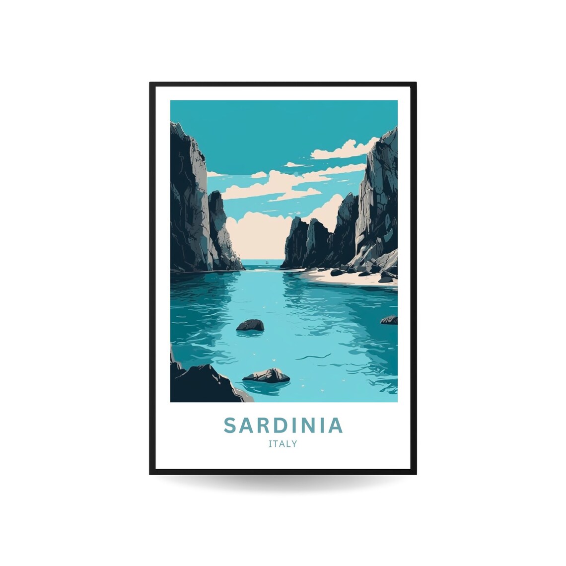 Sardinia Italy Rocky Cliff Cove Turquoise Sea Vintage Travel Poster