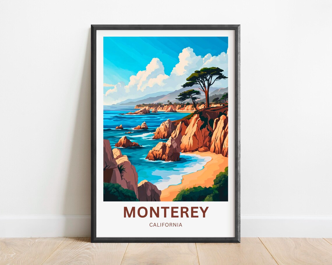 Monterey California Sandy Cove Red Cliffs Vintage Travel Poster