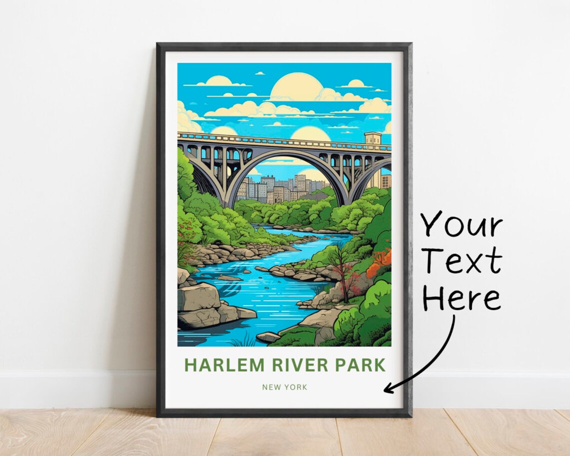Harlem River Park New York Arch Bridge Custom Text Travel Poster