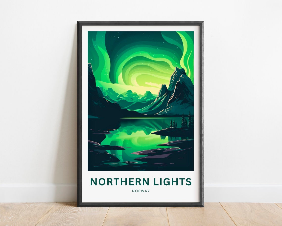 Northern Lights Norway Aurora Fjord Reflection Travel Poster