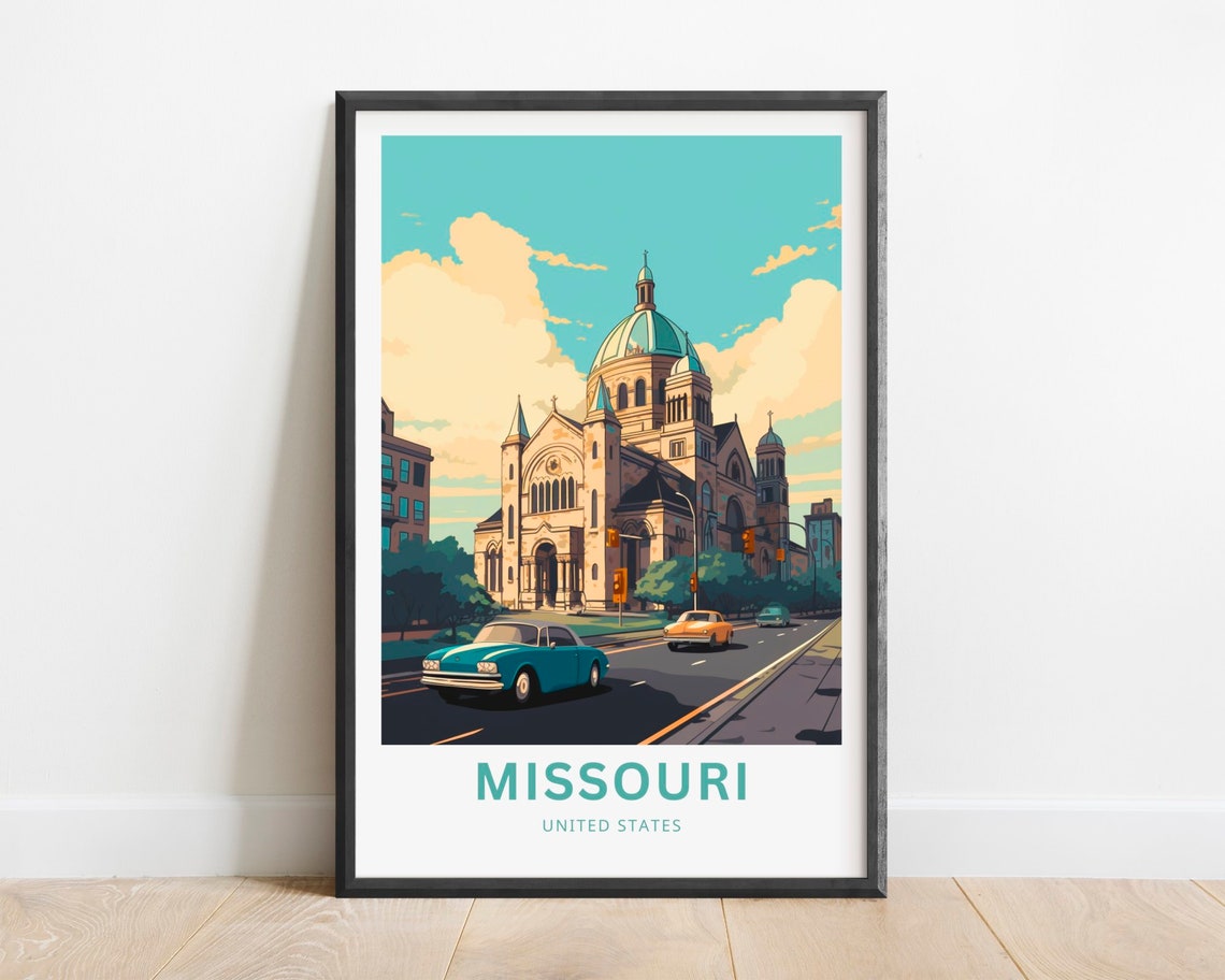 Missouri Domed Cathedral Basilica Classic Cars Street Poster