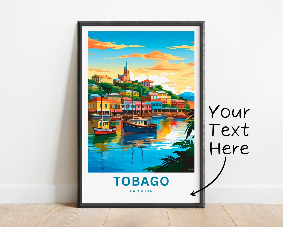 Personalized Tobago Caribbean Harbor Sunset Boats Travel Poster