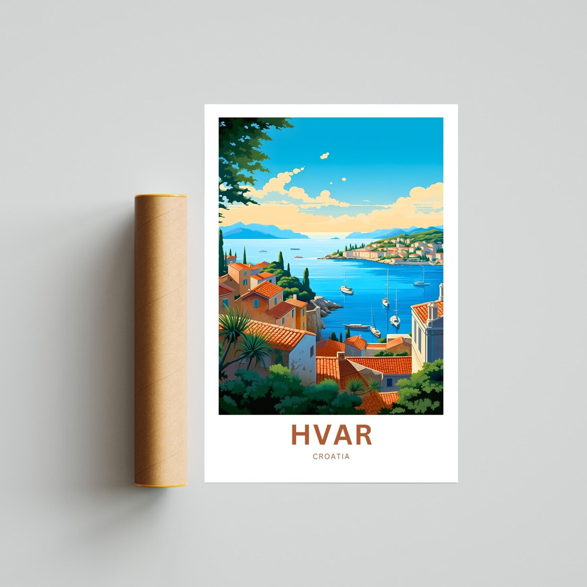 Hvar Croatia Old Town Harbor Sailboats Red Roof Travel Poster - Image 4