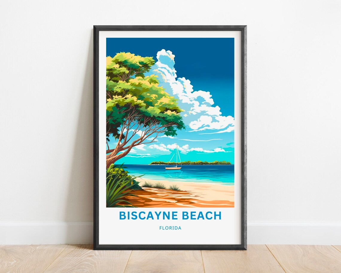 Biscayne Beach Florida Vintage Travel Poster Tropical Sailboat Art