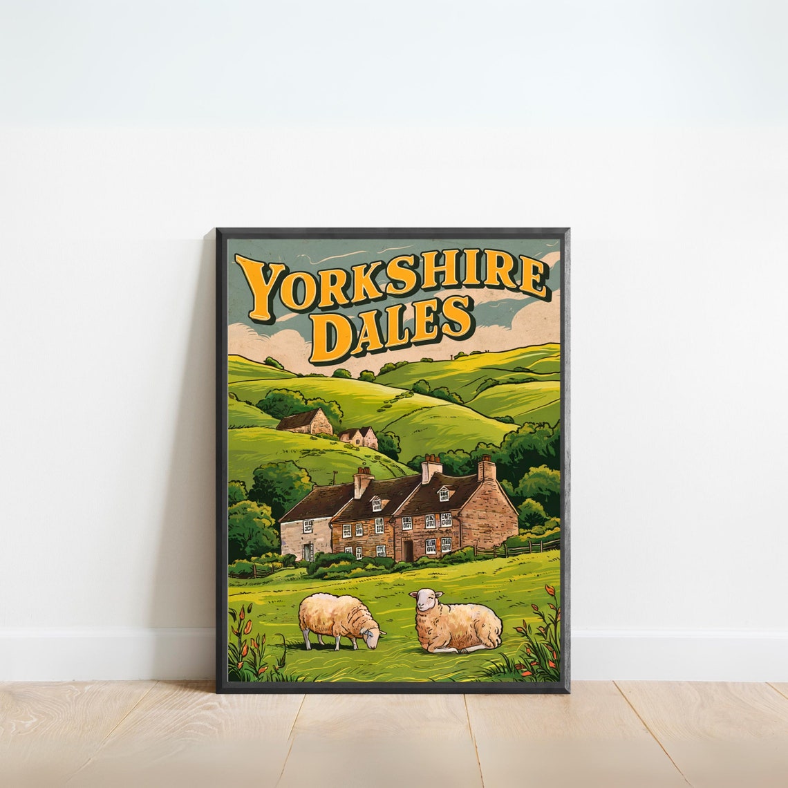 Yorkshire Dales Vintage Sheep Farmhouse Rolling Hills Travel Poster