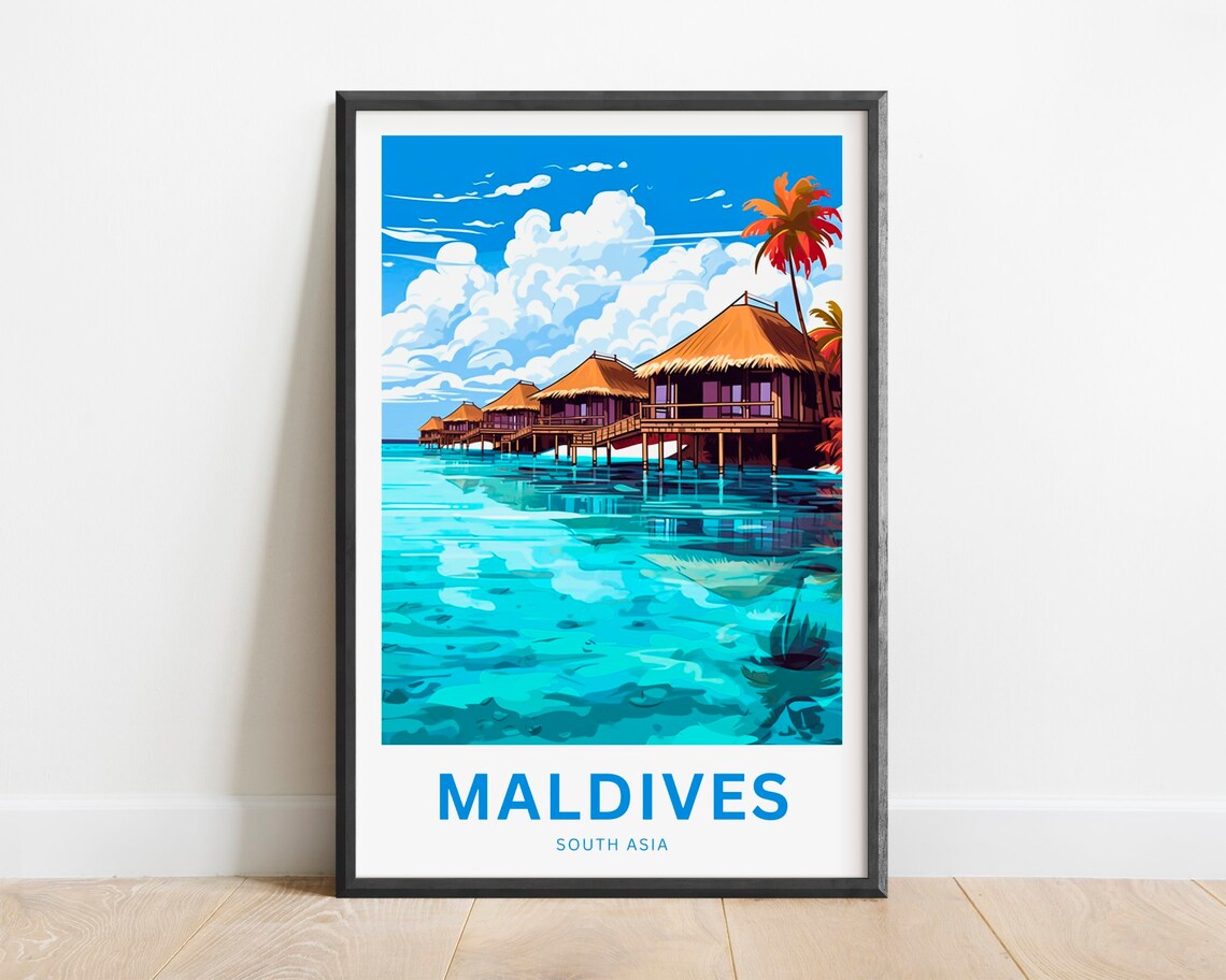 Maldives Tropical Overwater Bungalow Resort Lagoon Travel Poster