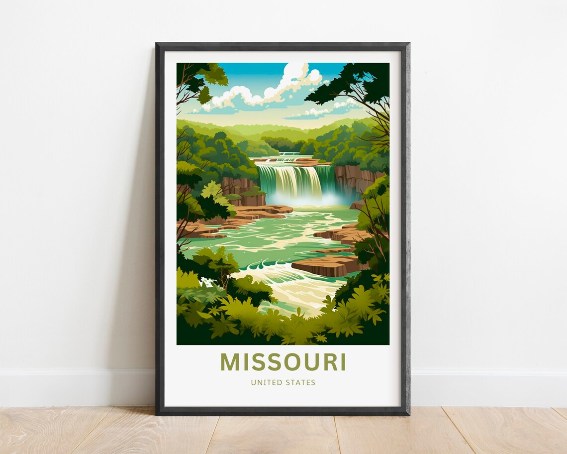 Missouri Forest Waterfall Cascade River United States Travel Poster