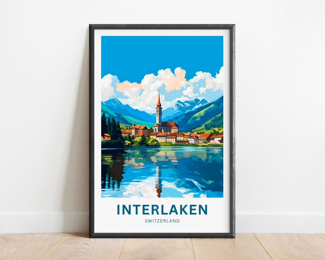 Interlaken Switzerland Lakeside Church Alpine Reflection Travel Poster