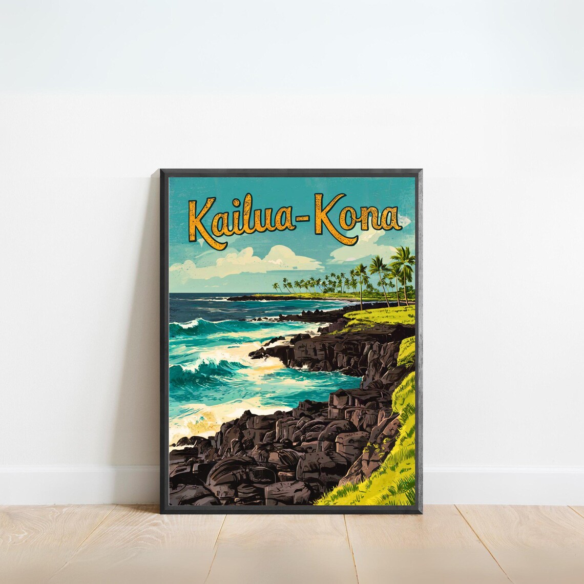 Kailua Kona Hawaii Vintage Lava Coast Palm Trees Travel Poster