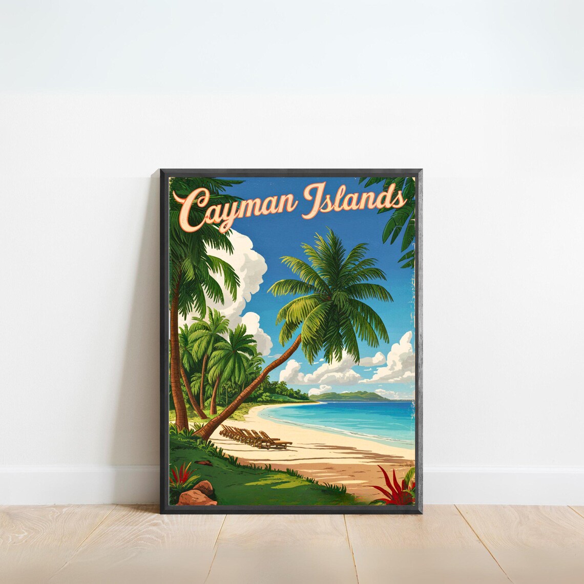 Cayman Islands Vintage Tropical Palm Sandy Beach Travel Poster