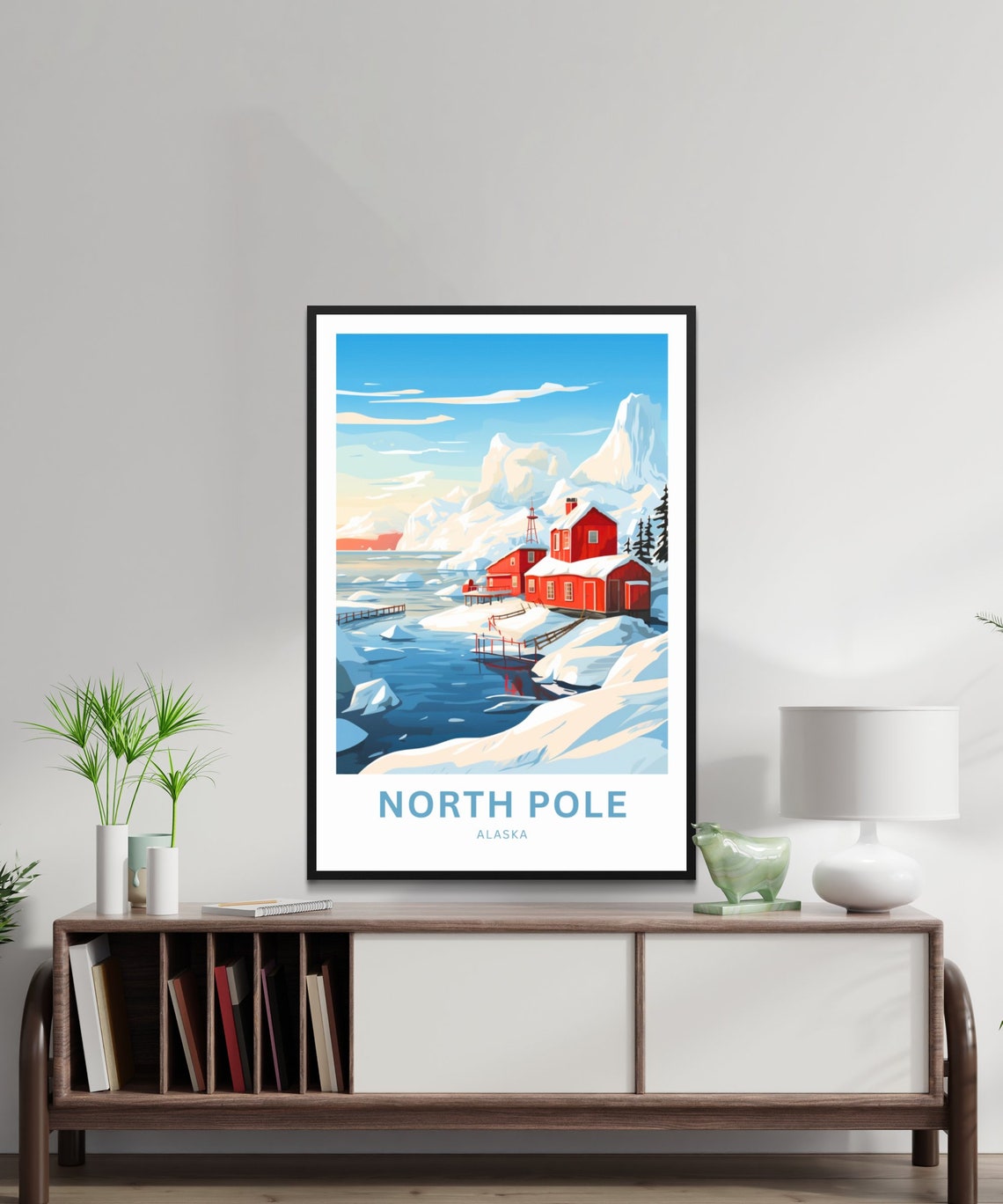 North Pole Alaska Red Cabins Icy Harbor Winter Arctic Travel Poster - Image 2