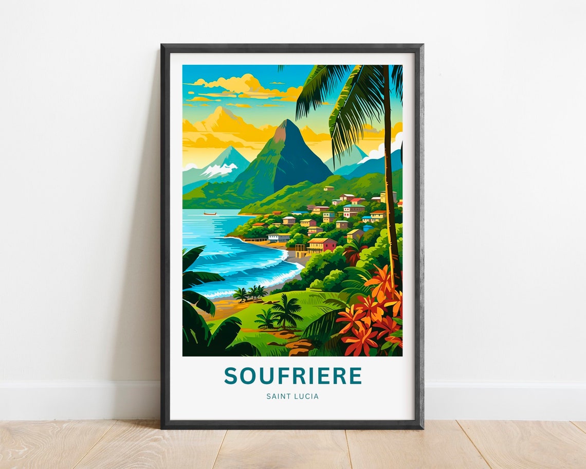 Soufrire Travel Print Soufriere Poster Saint Lucia Wall Art Framed Present Gift Caribbean Present Personalized Custom Text